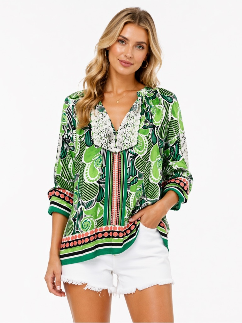 EUC Crown & Ivy Size Medium Green Patterned Women's Embroidered Top‎